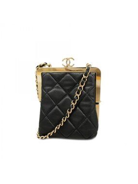 Chanel Shoulder Bag Quilted Lambskin Black Champagne Gold